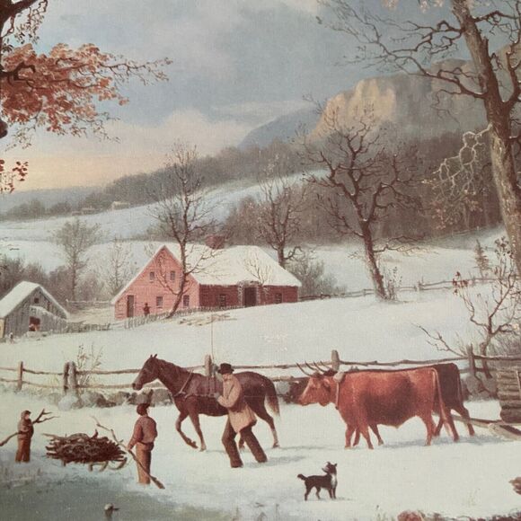 VTG Green Matted CURRIER & IVES Print 1958 Calendar Top - Winter in the Country - Picture 5 of 7
